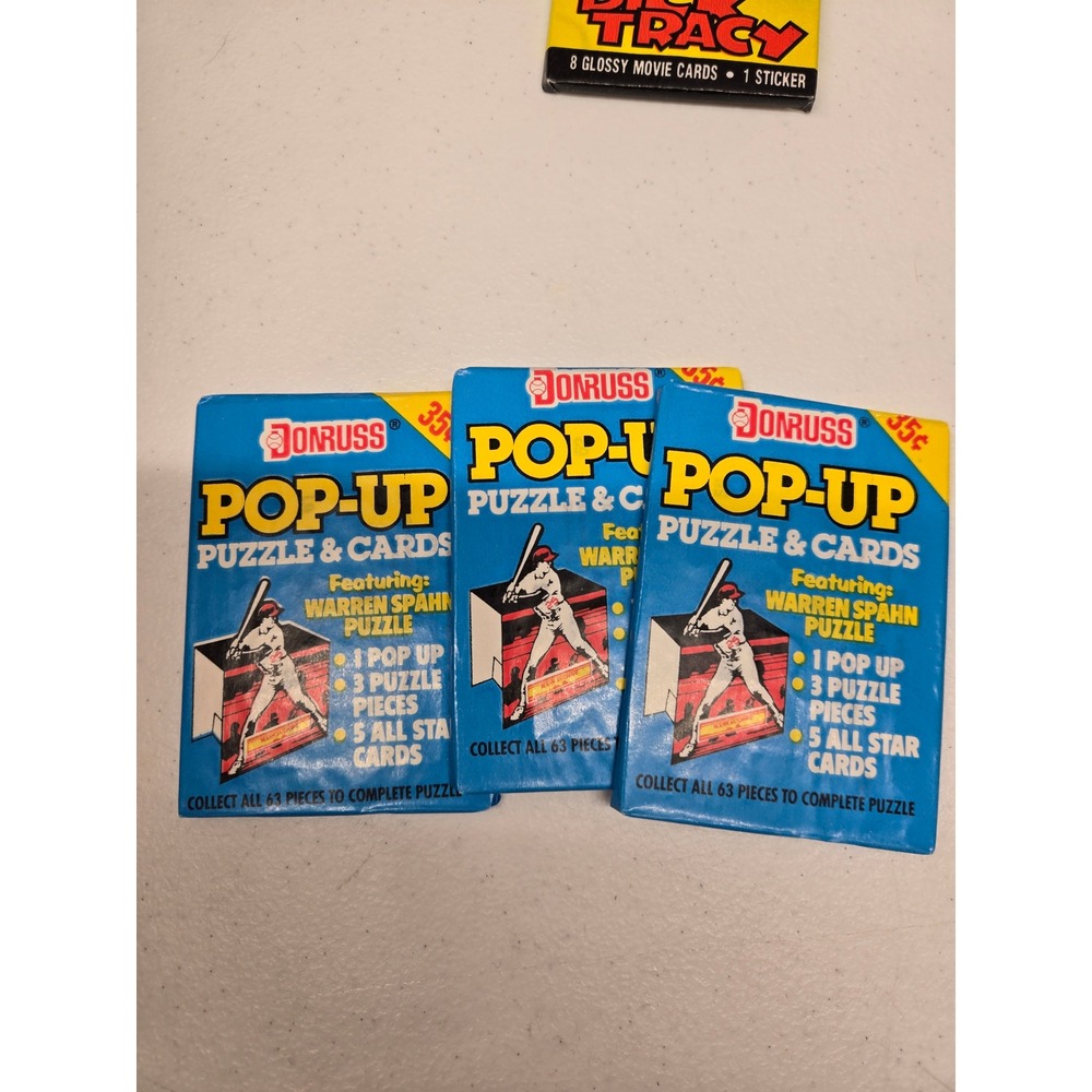 3 Pack Lot 1980s Donruss Pop-Up Puzzle & Cards Warren Spahn Vintage Baseball Wax